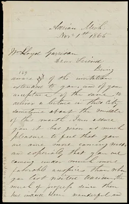 Letter from Woodland Owen, Adrian, Mich, to William Lloyd Garrison, Nov'r 1st, 1865