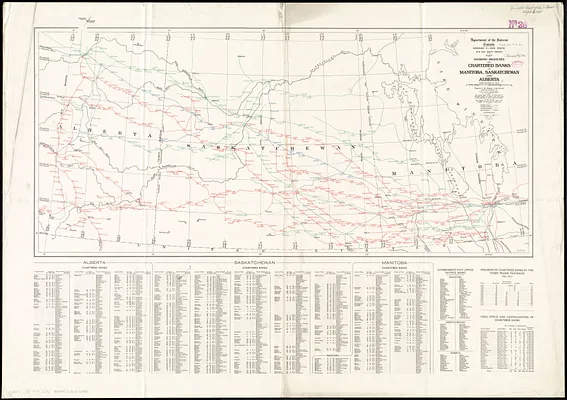Map showing branches of chartered banks in Manitoba, Saskatchewan and Alberta