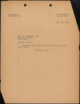 [Fred H. Moore] typed note (copy) to E[lizabeth] Glendower Evans, Boston, Mass., January 29, 1924