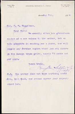 Houghton, Mifflin, & Co. typed letter signed to Thomas Wentworth Higginson, Boston, Mass., 7 May 1884