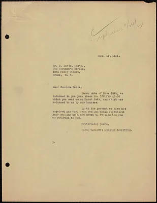 Sacco-Vanzetti Defense Committee typed note (copy) to M. Lurie (The Workmen's Circle), Boston, Mass., November 19, 1924