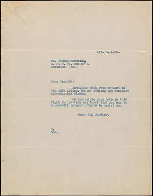 Sacco-Vanzetti Defense Committee typed letter (copy) to Thomas Rukavina, Boston, Mass., November 4, 1924