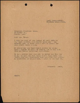 [Fred H. Moore] typed letter (copy) to Elizabeth Glendower Evans, [Boston, Mass.], April 25, 1924