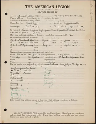 American Legion military record of Ernest Allen Moore