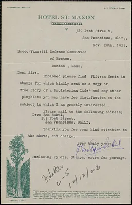 Deva Ram Sukul autograph letter signed to Sacco-Vanzetti Defense Committee, San Francisco, Calif., November 28, 1923