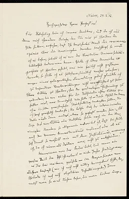 Jentsch, Carl, 1833-1917 autograph letter signed to Hugo Münsterberg, Neisse, Ger., 27 February 1912