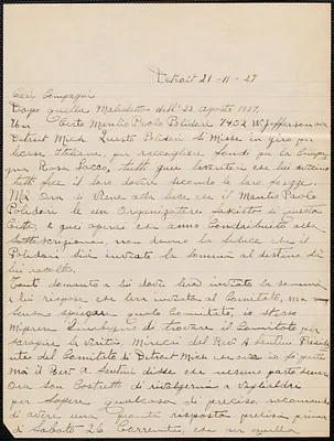 Alessandro Sdolzini autograph letter signed, in Italian, to Sacco-Vanzetti Defense Committee, Detroit, Mich., November 21, 1927