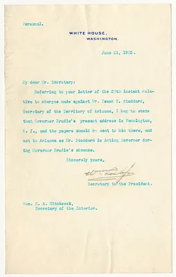Letter from William Loeb, Secretary to the President to Secretary of the Interior E. A. Hitchcock