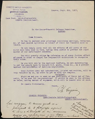 Charles Frigerio (Comité Sacco-Vanzetti, Section Suisse, Genève) typed letter signed to Sacco-Vanzetti Defense Committee, Geneva, Switzerland., September 6, 1927