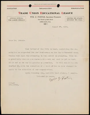 William Z. Foster (Trade Union Educational League) typed letter signed to Hays Jones, Chicago, Ill., August 27, 1923