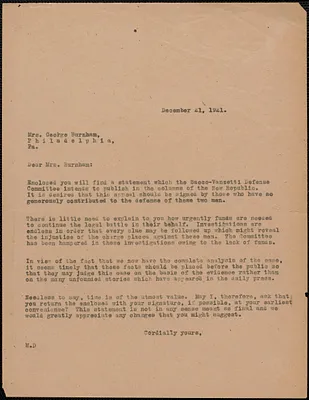 Sacco-Vanzetti Defense Committee typed letter (copy) to Mrs. George Burnham, Boston, Mass., December 21, 1921