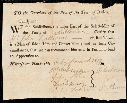 Richard Goodwin indentured to apprentice with John Williams of Rutland, 19 February 1777