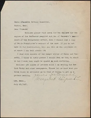 Margaret Shipman typed letter signed to Sacco-Vanzetti Defense Committee, Lee, Mass., July 23, 1927