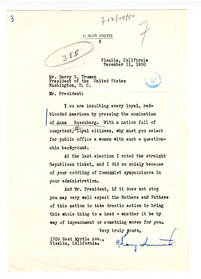 Letter to President Harry S. Truman from C. Roy Smith