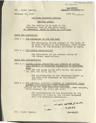 Revised Agenda of the One Hundred and Thirteenth Meeting of the National Security Council