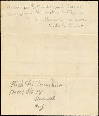 Bartolomeo Vanzetti autographed note signed to Nick Di Domenico, [Charlestown, 1922?]