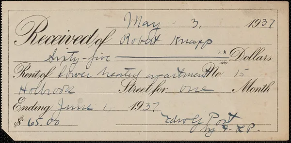Receipt from Edny[?] Port for Robert Knapp, May 3, 1937