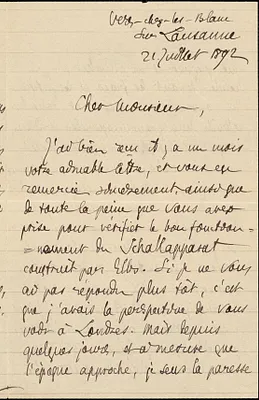 Flournoy, Théodore, 1854-1920 autograph letter signed to Hugo Münsterberg, Lausanne, 21 July 1892