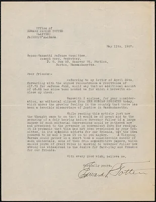 Edward Parker Totten typed letter signed to Sacco-Vanzetti Defense Committee, Fairhope, Ala., May 11, 1927