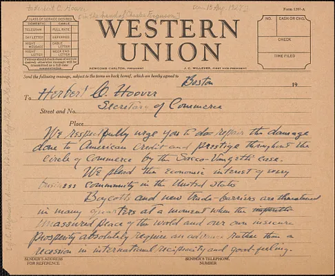 Charles Ferguson autograph telegram to Herbert C. Hoover, Boston, Mass., approximately [August 13, 1927]