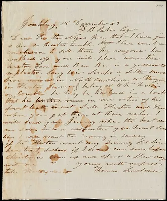 Thomas Limehouse, Goulding, S.C.[?], autograph letter signed to Ziba B. Oakes, 18 December 1853