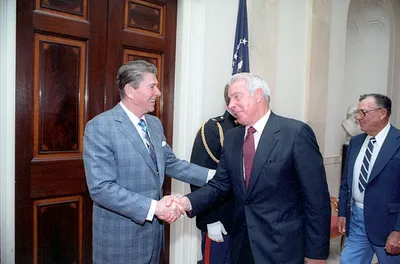 President Ronald Reagan Shaking Hands with Joe DiMaggio at a White House Event for Baseball Hall of Famers