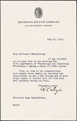 Scaife, Roger L. typed letter signed to Hugo Münsterberg, Boston, 22 July 1913