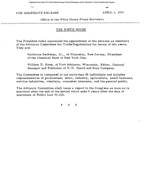 President Appoints Norborne Berkeley, Jr. and William D. Knox as members of the Advisory Committee for Trade Negotiations [Position Appointments and Resignations]