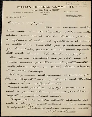 Luigi Quintiliano (Italian Defense Cimmittee) autograph letter signed, in Italian, to Emilio Coda, New York, N.Y., December 28, 1921
