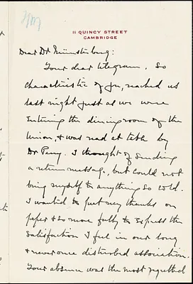 Palmer, George Herbert, 1842-1933 autograph letter signed to Hugo Münsterberg, Cambridge, Mass., 26 February 1911
