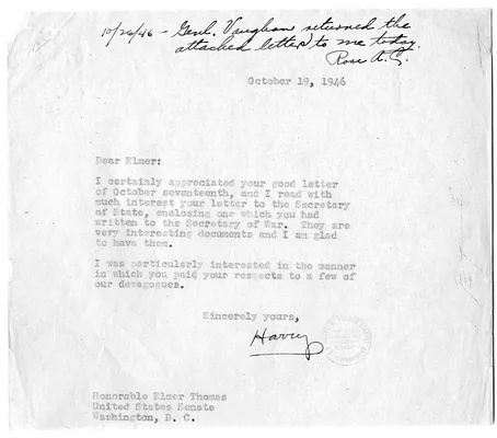 Correspondence Between President Harry S. Truman and Senator Elmer Thomas, with Attachments
