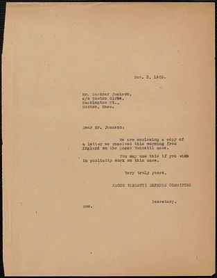 Sacco-Vanzetti Defense Committee typed note (copy) to Gardner Jackson, (The Boston Globe), Boston, Mass., November 3, 1925