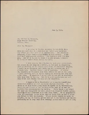 [Elizabeth Glendower Evans] typed letter (copy) to William G. Thompson, [Boston, Mass.], June 9, 1924