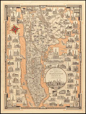 A pictorial map of that portion of New York City known as Manhattan, also showing parts of the Bronx