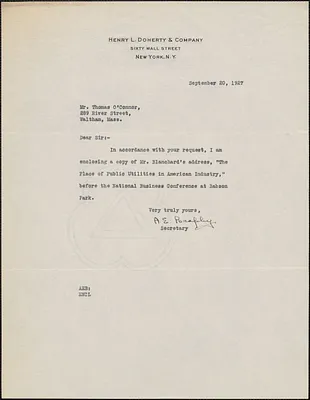 A. E. Brophy (Henry L. Doherty & Company) typed note signed to Thomas O'Connor (Citizens National Committee), New York, N. Y., September 20, 1927
