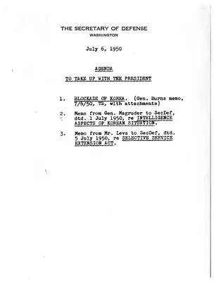 Agenda from Secretary of Defense Louis Johnson, Items to Take Up with the President, with Related Material