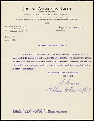 Meiner, Arthur, 1865-1952 typed letter signed to Hugo Münsterberg, Leipzig, Ger., 16 June 1913