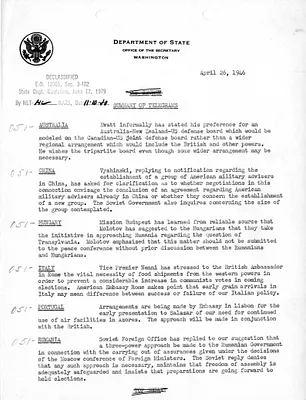 Memorandum, State Department Summary of Telegrams