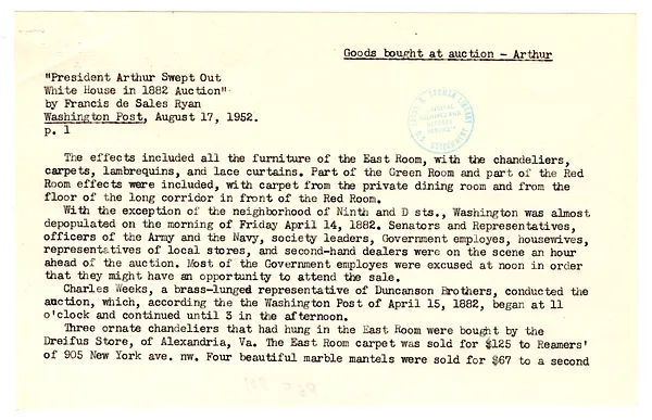 Washington Post Excerpt re Goods Bought at President Chester A. Arthur's Auction of White House Furniture
