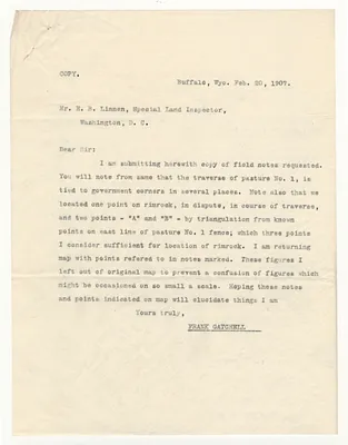 Copy of a Letter from Frank Gatchell to E. B Linnen, Special Land Inspector