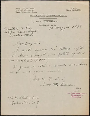 Sam M. Lucia (Sacco e Vanzetti Defense Committee, Rochester) autograph note signed, in Italian, to Sacco-Vanzetti Defense Committee, Rochester, N.Y., May 10, 1927