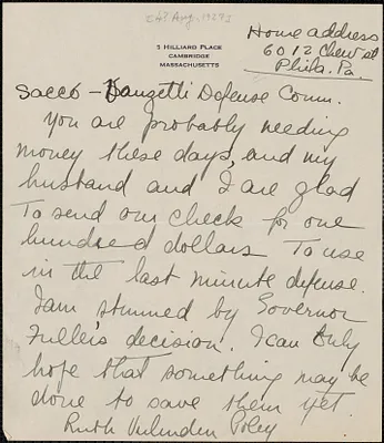Ruth Verlenden Poley autograph note signed to Sacco-Vanzetti Defense Committee, Cambridge, Mass., [August 4?, 1927]