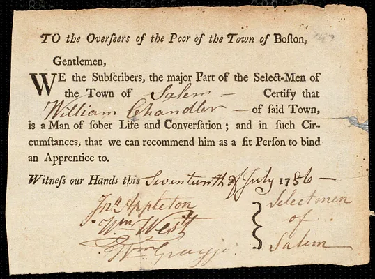 Benjamin Scott indentured to apprentice with William Chandler, Jr. of Salem, 16 August 1784