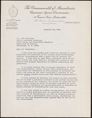 Letter from MCAD Chairman Mrs. Erna Ballantine to Dr. Al Armenti about assisting in arrange a conference with Department of Defense to create new anti-discrimination guidelines, with copy of letter to Jack Moskowitz
