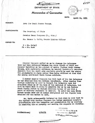 Memorandum of Conversation with Secretary of State Dean Acheson, Senator Homer Ferguson, and Horace Smith