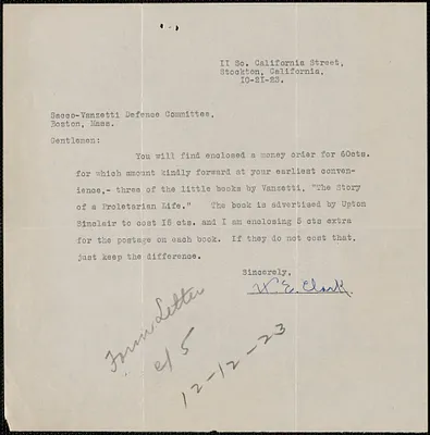 H. E. Clark typed note signed to Sacco-Vanzetti Defense Committee, Stocton, Calif., October 21, 1923