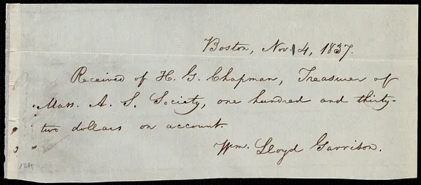 Receipt from William Lloyd Garrison, Boston, [Mass.], to Henry Grafton Chapman, Nov. 4, 1837