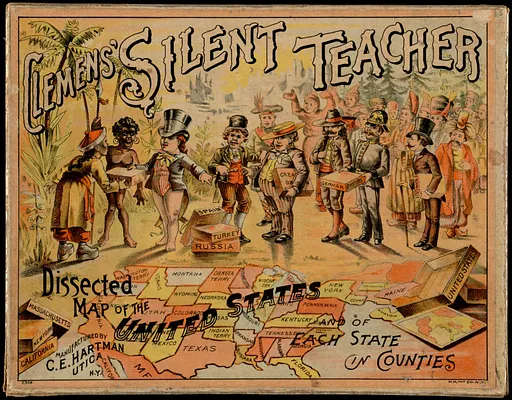 Clemens' silent teacher, dissected map of the United States and of each state in counties