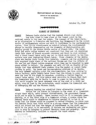 Memorandum, State Department Summary of Telegrams