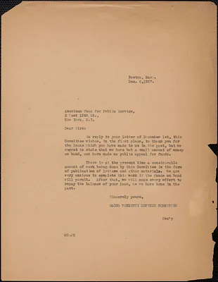 Mary Donovan (Sacco-Vanzetti Defense Committee) typed letter (copy) to The American Fund for Public Service, Inc., Boston, Mass., December 8, 1927